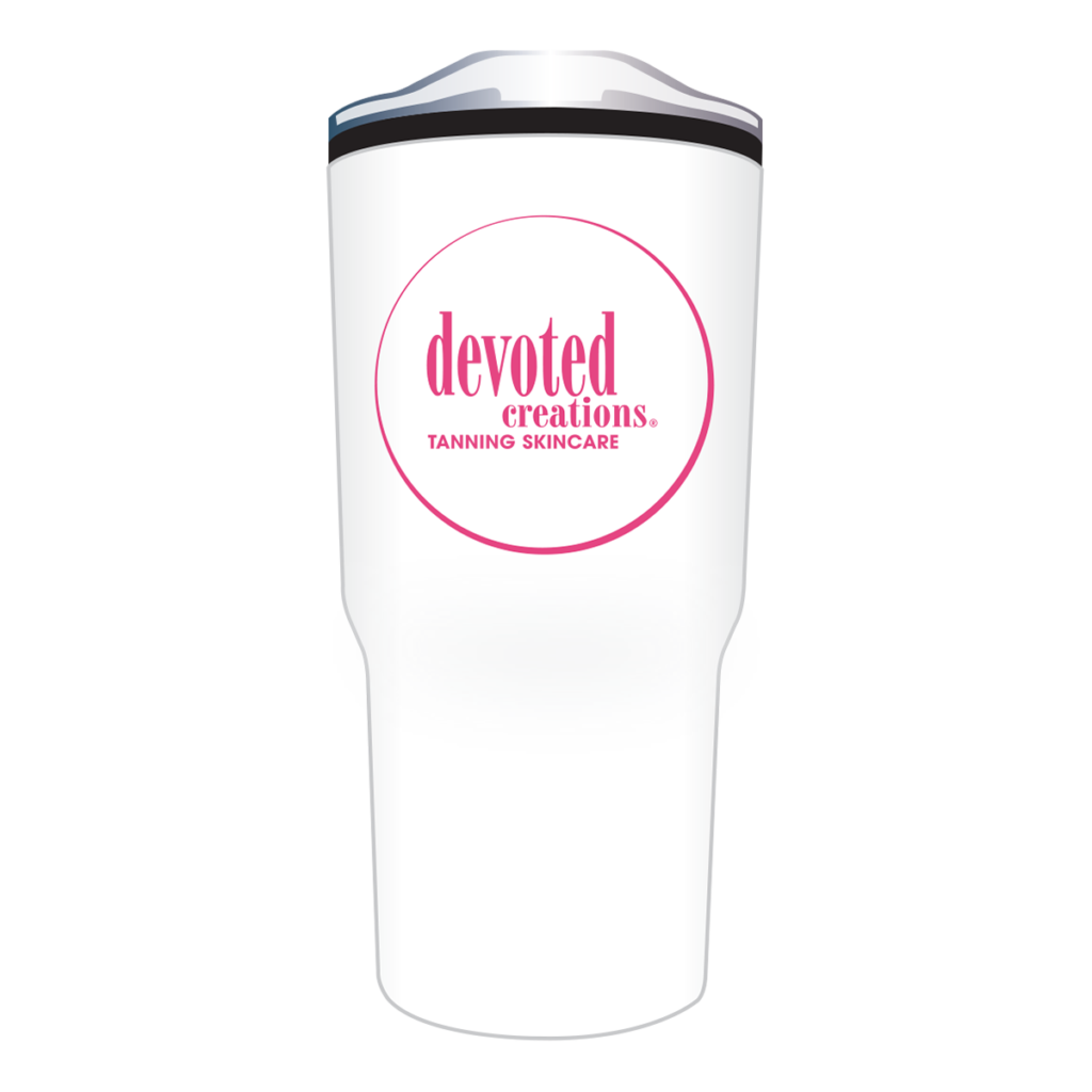 DC White Tumbler with Pink Logo Devoted Creations Store